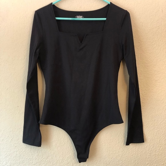 Women's Large Black Long Sleeve Bodysuit Square Neckine - Picture 1 of 4